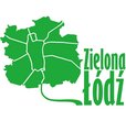 Logotyp Zielonej Łodzi - uproszczona mapa Łodzi z wychodzącą ku dołowi drogą przypominająca Liść i napis Zielona Łódź